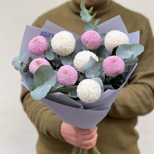 Tender mix of 9 light Momoko and Boris Becker chrysanthemums in the bouquet «Violet Ice Cream»
