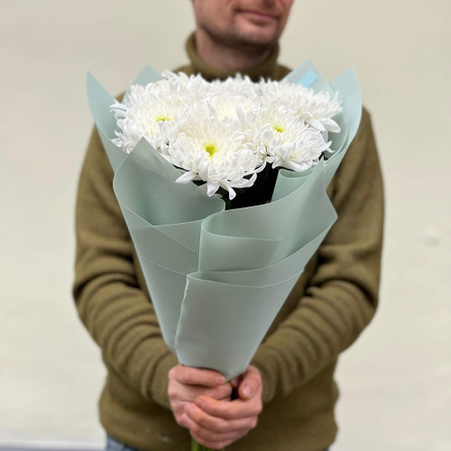 7 белых хризантем сорта Tutu в букете «Ледяное прикосновение»