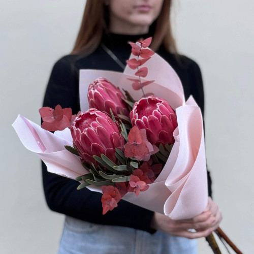 Три екзотичні протеї Sylvia в букеті «Рубіновий атлас»