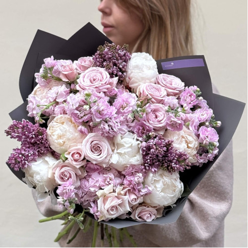 Exquisite bouquet with peonies and lilac «Quiet Luxury»