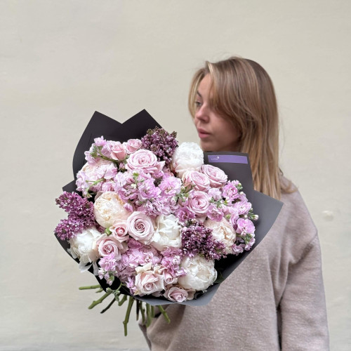 Exquisite bouquet with peonies and lilac «Quiet Luxury»