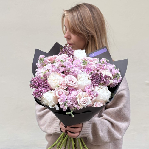 Exquisite bouquet with peonies and lilac «Quiet Luxury»