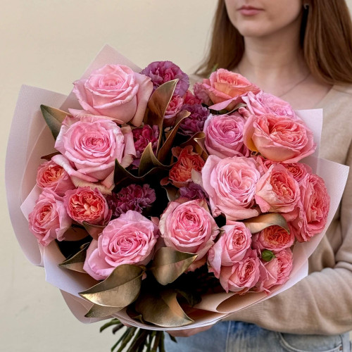 Lacy bouquet with peony roses «Golden Peach»