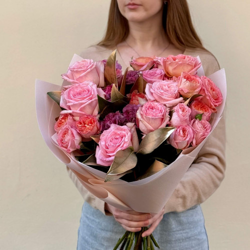 Lacy bouquet with peony roses «Golden Peach»