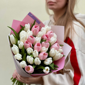 35 ніжних класичних тюльпанів у букеті «Делікатне сяйво»