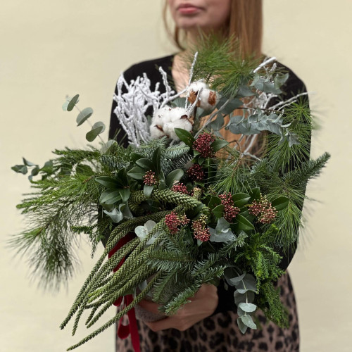 Сезонна композиція із хвої та бавовни «Снігова заметіль»