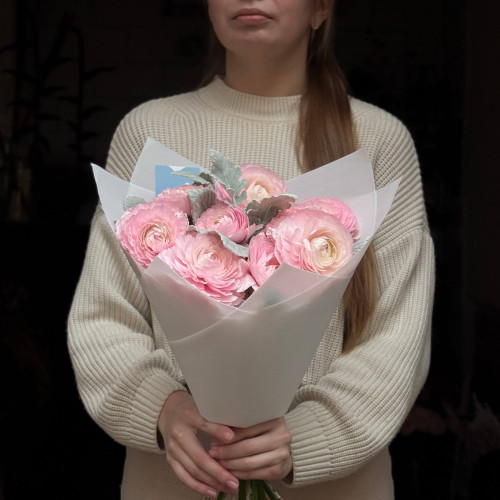 9 ранункулюсів з якобеєю у букеті «Пухнаста зима»