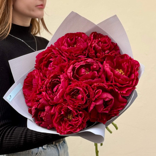 11 розкішних бордових півоній сорту Old Faithful у букеті «Рубінова магія»