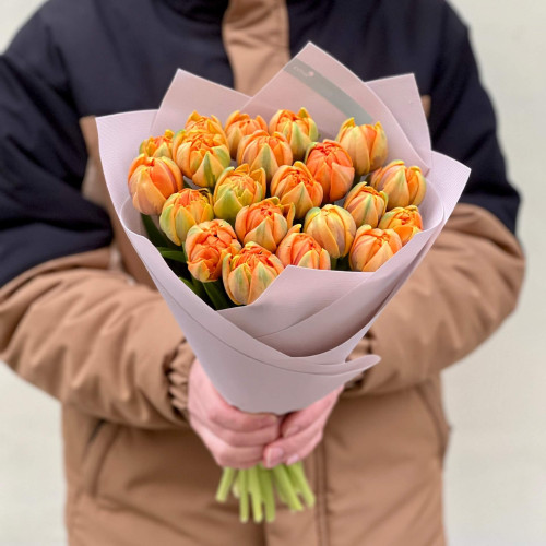 21 строкатий півонієподібний помаранчевий тюльпан у букеті «Мандариновий цьом»