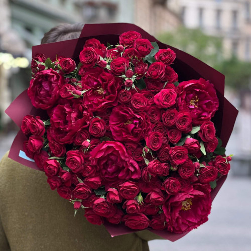 Розкішний букет із кущової троянди Red Trendsetter та півоній Old Faithful «Вишневий сон»