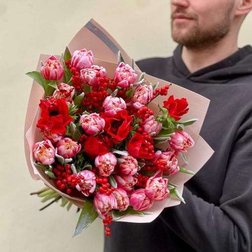 Bright bouquet with Vip Roses tulips and anemones «Snowy Viburnum»