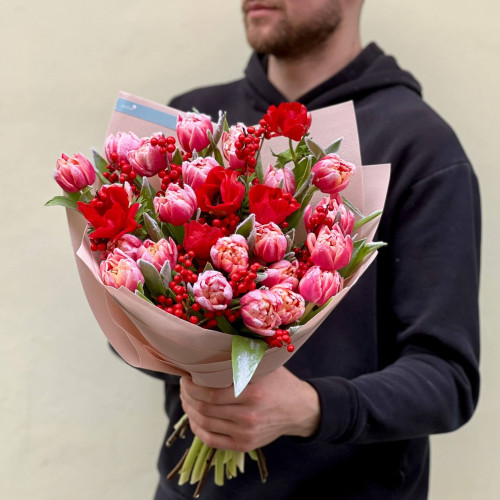 Bright bouquet with Vip Roses tulips and anemones «Snowy Viburnum»