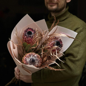 3 цікаві протеї сорту Barbigera у букеті «Золотий пелікан»