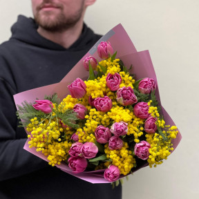 23 півонієвидні тюльпани та мімоза у букеті «Веснянка для Насті»