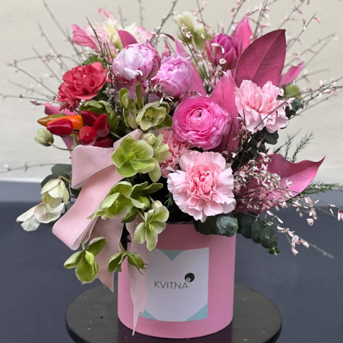 Composition in a box in pink shades with peonies «Thoughts of Spring»