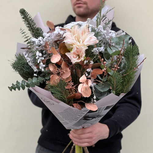 Winter bouquet with delicate amaryllis «Enchanted Evening»