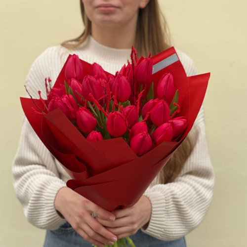 25 червоних класичних тюльпанів у букеті «Полуничні цукерки»