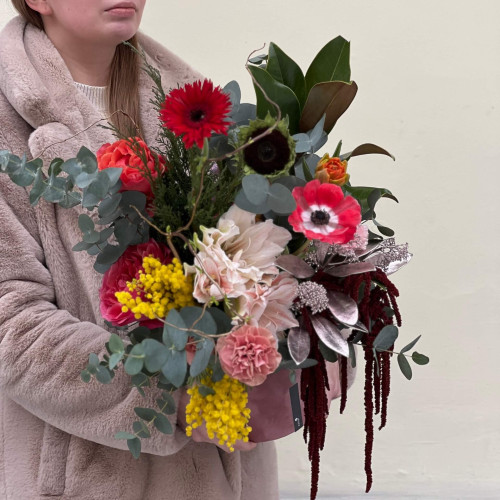 Кольорова композиція в коробці з гіпеаструмом «Яскравий дарунок»