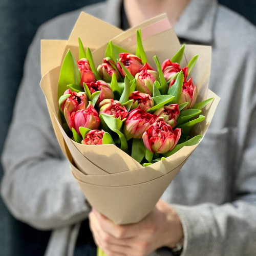 15 піоновидних тюльпанів сорту Red Velvet у букеті «Чарівний оксамит»