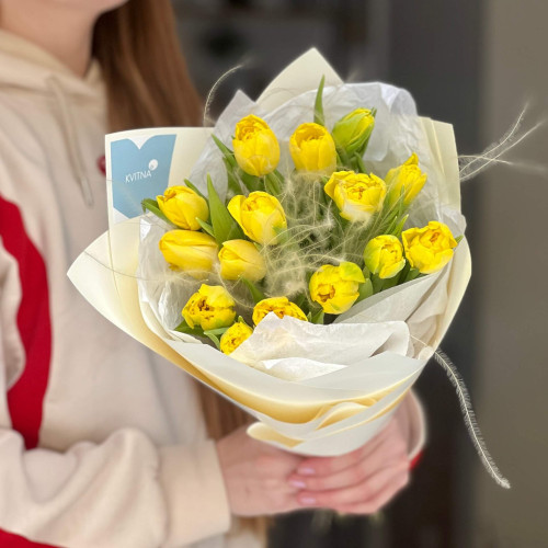 15 тюльпанів зі стіфою у букеті «Золотиста павутинка»