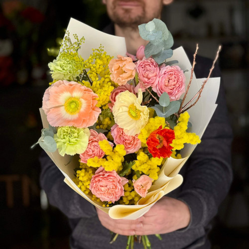 Delicate spring bouquet with papaver and mimosa «Italian Flair»