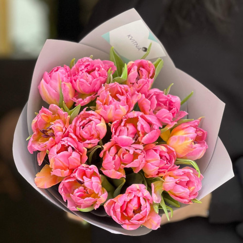 15 піоновидних тюльпанів у букеті «Рожеві Зірочки»