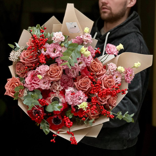 Роскошный объёмный букет с розой Barista «Кофейное кружево»