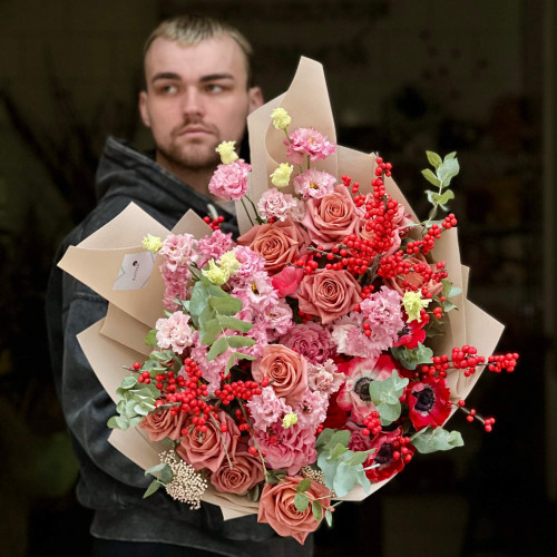 Роскошный объёмный букет с розой Barista «Кофейное кружево»