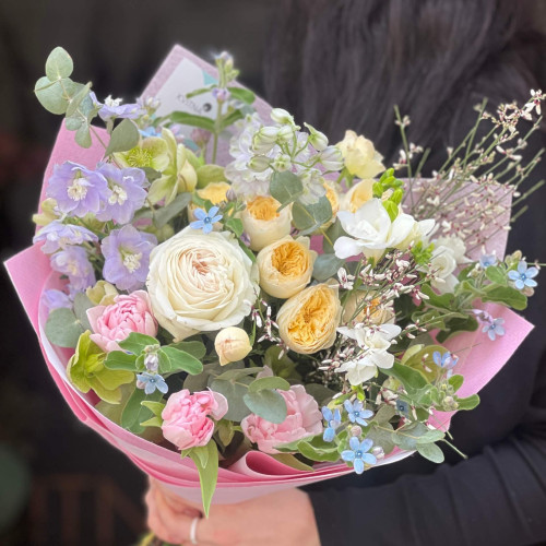 Charming bouquet with oxypetalum and spray peony roses «Colors of Spring»