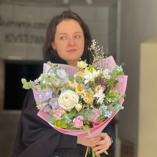 Charming bouquet with oxypetalum and spray peony roses «Colors of Spring»