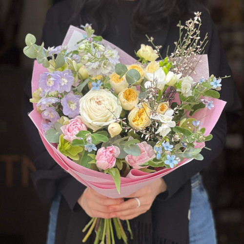 Charming bouquet with oxypetalum and spray peony roses «Colors of Spring»