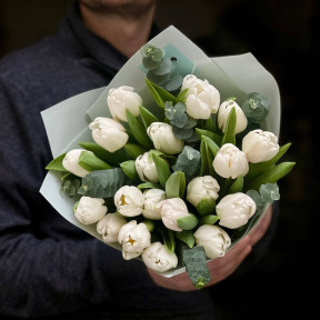 21 класичний тюльпан з евкаліптом у букеті «Ароматні сніжки»