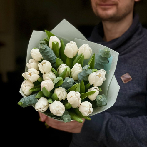21 класичний тюльпан з евкаліптом у букеті «Ароматні сніжки»