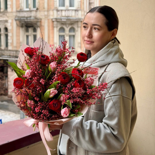 Sweet bouquet with fragrant genista and luxurious ranunculus «Feelings of Love»