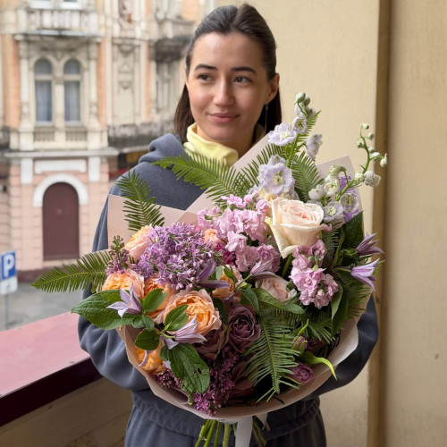 Delicate designer bouquet with lilac, delphinium and peony roses «Kaleidoscope of Emotions»