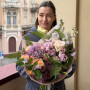 Delicate designer bouquet with lilac, delphinium and peony roses «Kaleidoscope of Emotions»