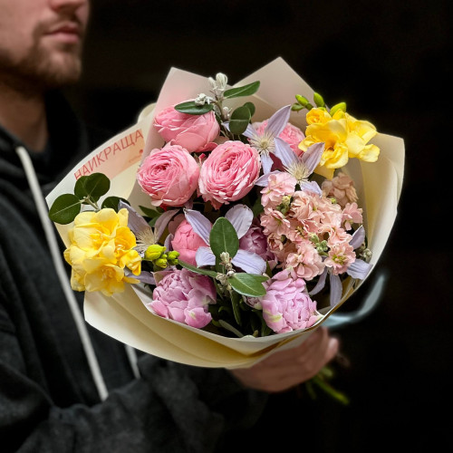 Colorful bouquet with freesias and spray peony roses «Rainbow in the Palms»