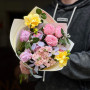 Colorful bouquet with freesias and spray peony roses «Rainbow in the Palms»