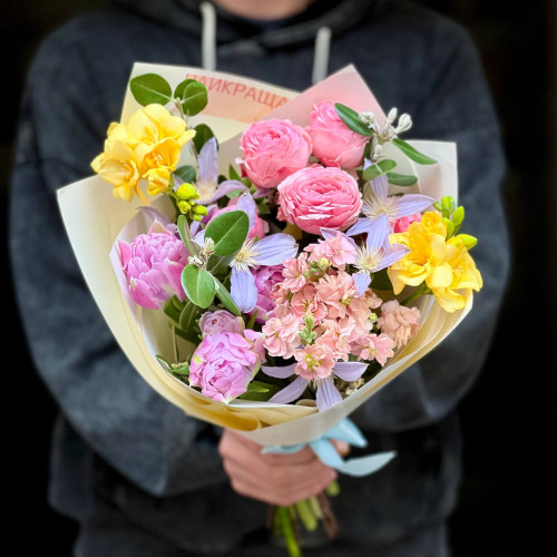Colorful bouquet with freesias and spray peony roses «Rainbow in the Palms»