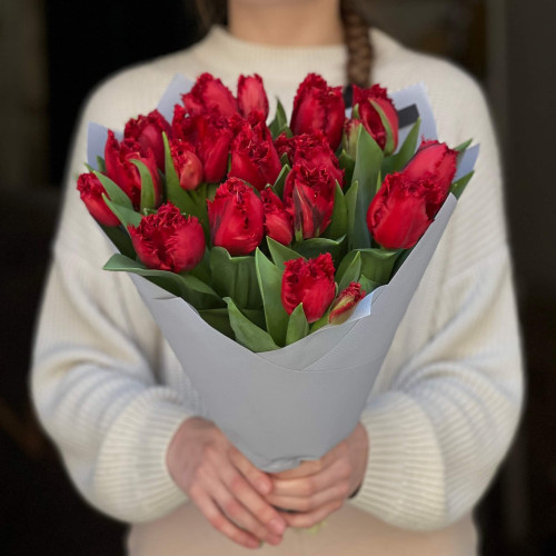 15 бахромчатых тюльпанов Red Wing в букете «Пламенное перо»
