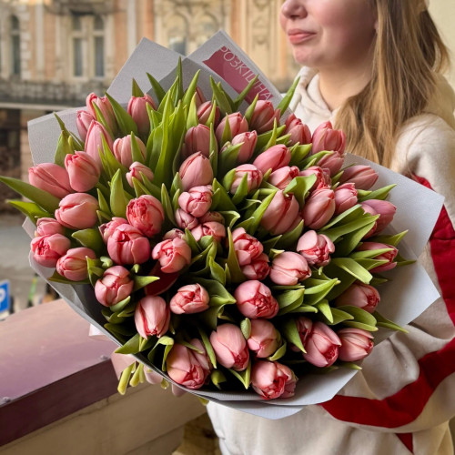 47 тюльпанів сорту Salmon у букеті «Лососева грайливість»