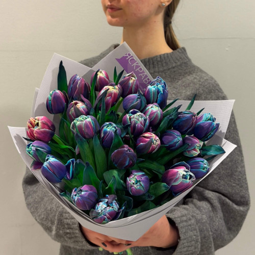 27 барвистих тюльпанів від плантації Vip Roses у букеті «Веселковий дарунок»