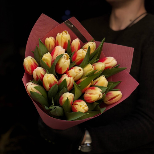 23 тюльпани сорту Oxford Wonder у букеті «Чарівні переливи»
