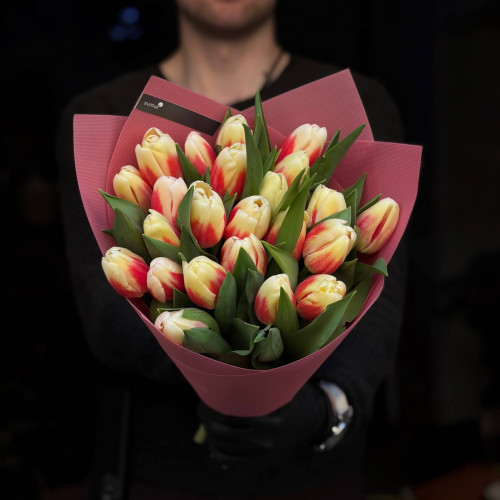 23 тюльпани сорту Oxford Wonder у букеті «Чарівні переливи»