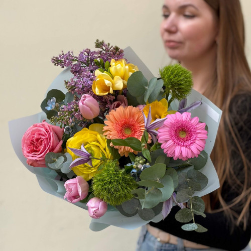 Colorful bouquet of gerberas and lilac «Colors of Mood»