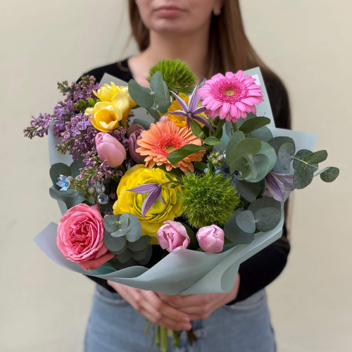 Colorful bouquet of gerberas and lilac «Colors of Mood»