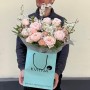 Exquisitely delicate spring bouquet with Tsumugi peony roses «Spring on Mount Fuji»