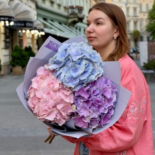 Микс из 3 нежных гортензий в букете «Сочные зефирки»
