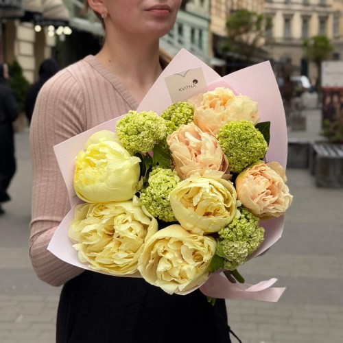 Delicate bouquet of Bartzella & Pastel Elegance peonies with seasonal viburnum «Summer Darling»