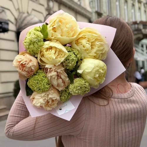 Delicate bouquet of Bartzella & Pastel Elegance peonies with seasonal viburnum «Summer Darling»
